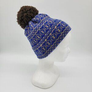 Vintage‎ IKS Aspen Blue Yellow Winter Knit Hat Pom Pom Beanie Ski Scotland EUC